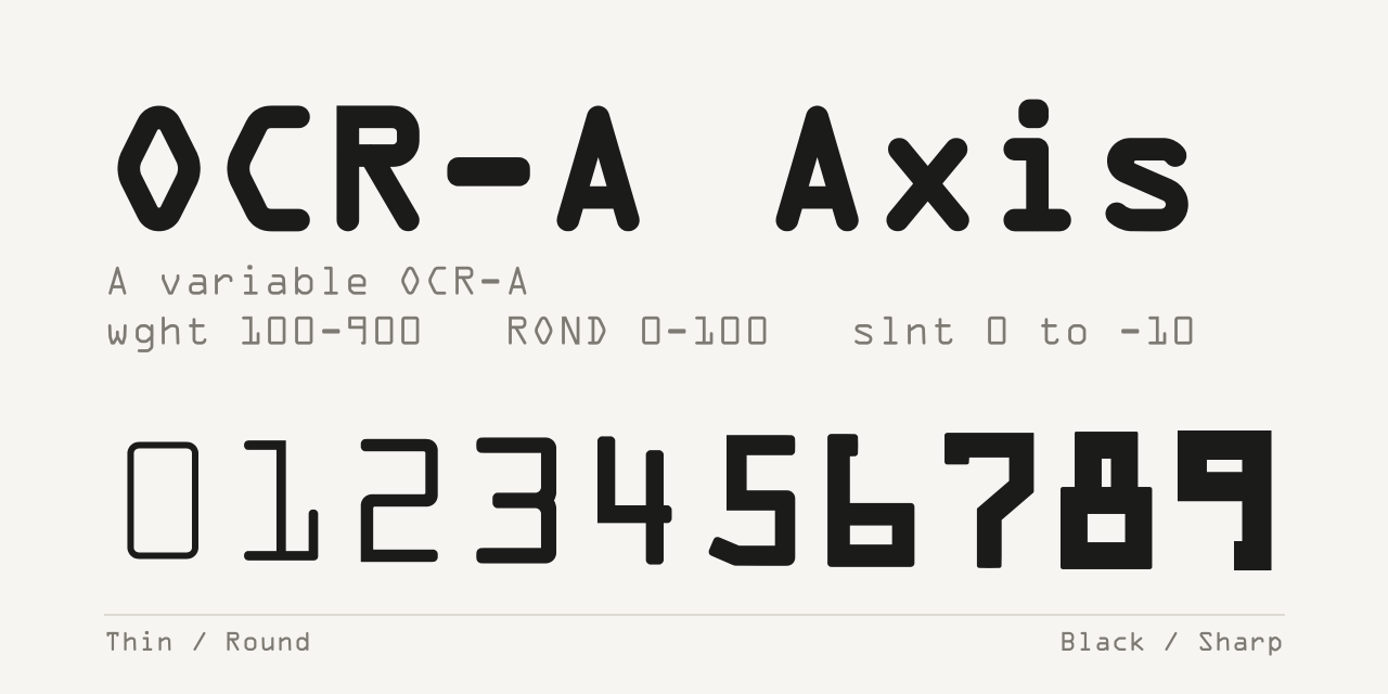 GitHub - jz5/ocra-axis: A variable OCR-A rebuilt from the ANSI X3.17 centerlines, with weight, roundness and slant axes